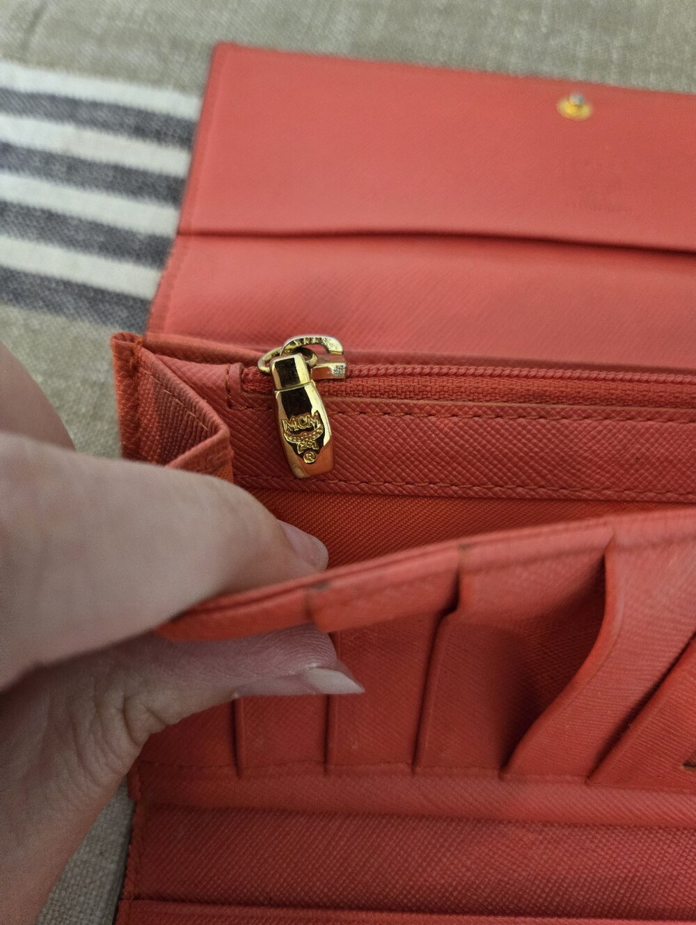 MCM Coral Red Embossed Leather Long Wallet with Gold Plate - Picture 15 of 16